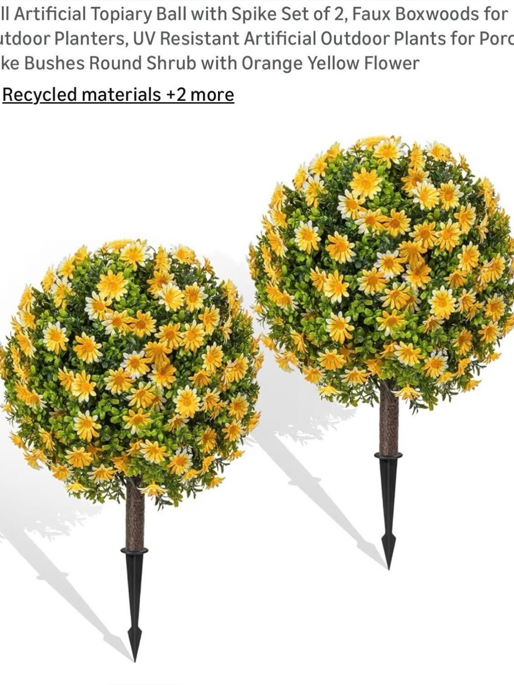 Faux Yellow Flower Topiary Ball Set of 2 - Decorative Outdoor Accent New